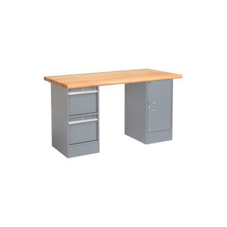 Global Equipment 72 x 30 Pedestal Workbench - 2 Drawers and Cabinet, Maple Safety Edge - Gray 319018